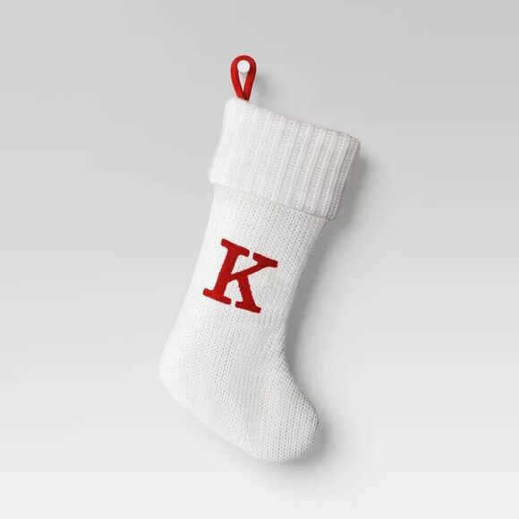 Target Wondershop Letter Initial K Monogram 20 inch White Cream Knit Stocking - Picture 1 of 3